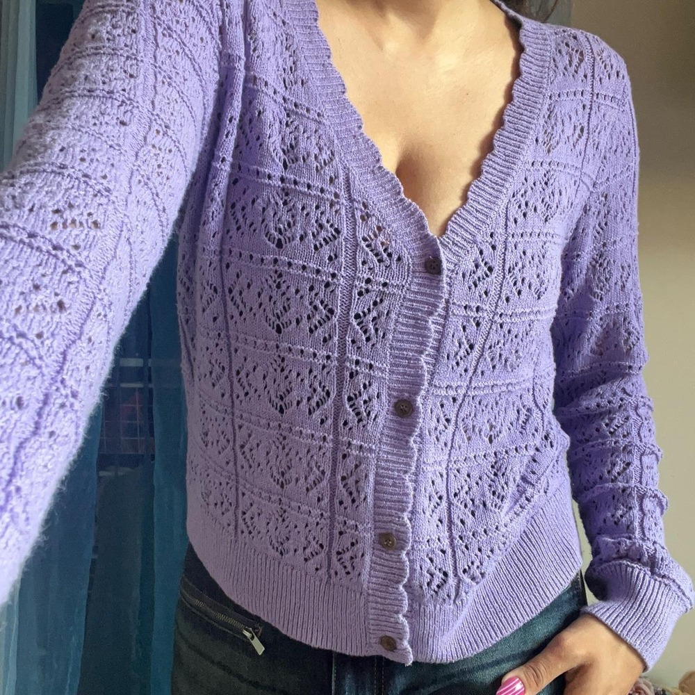 Cottage-Core Lavender Open Knit Button Cardigan